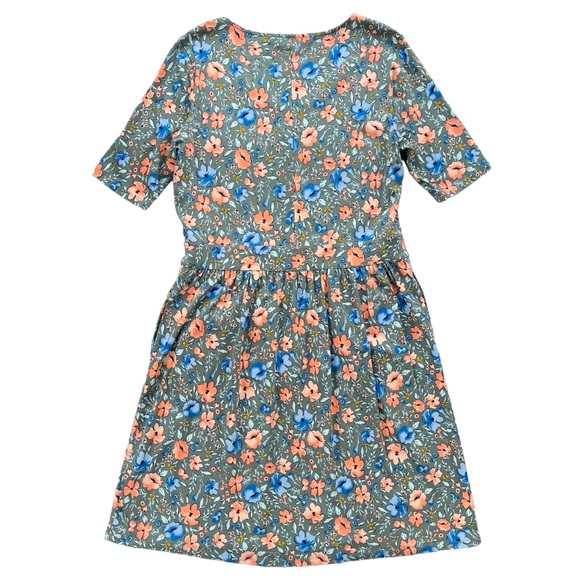 Lands’ End Womens Medium Gray Blue Orange Floral Short Sleeve Midi T-shirt Dress - Picture 2 of 16